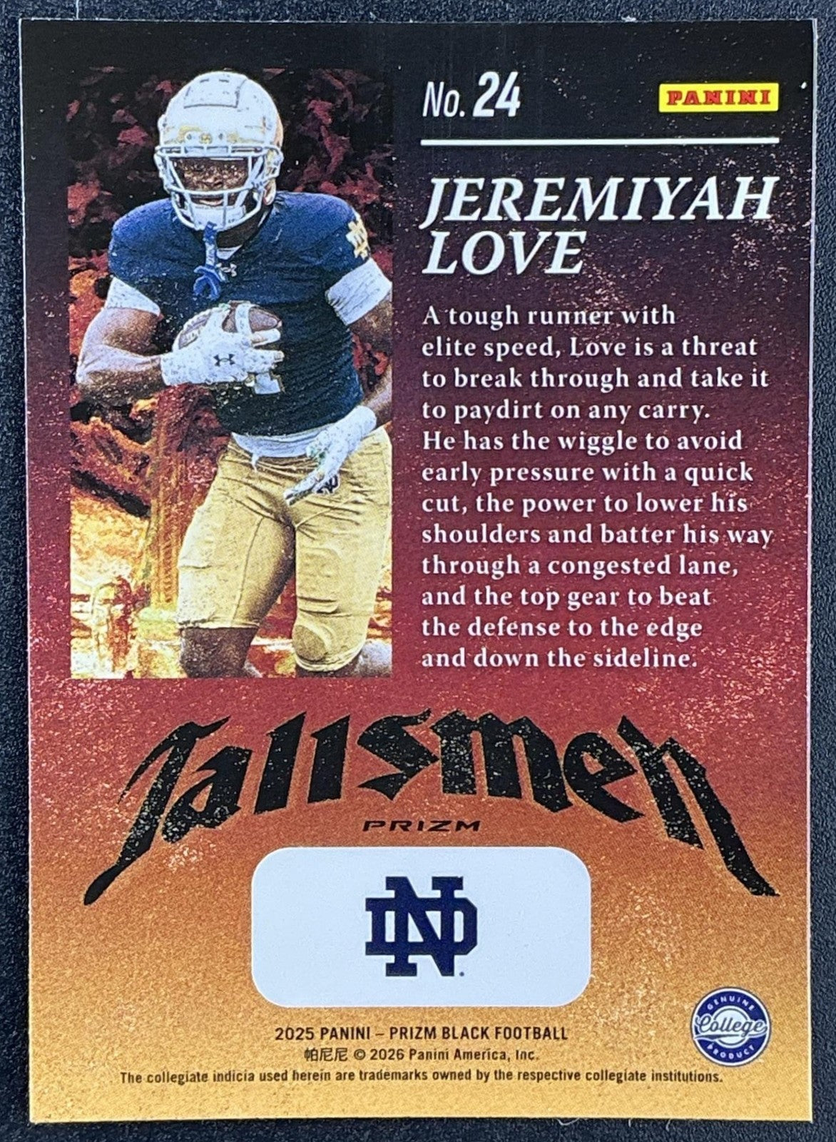 JEREMIYAH LOVE 2025 PANINI PRIZM BLACK #24 TALISMEN SILVER FIGHTING IRISH