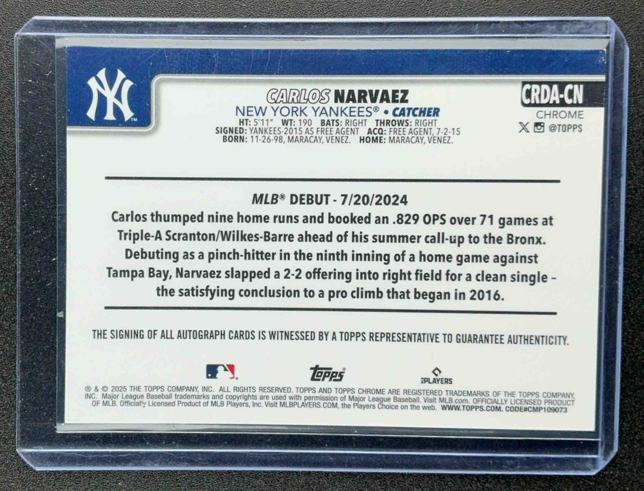 2025 Topps Chrome Carlos Narvaez Rookie Debut Auto Gold Wave Refractor /50 RC