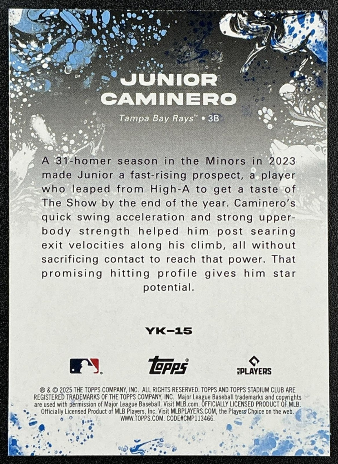 JUNIOR CAMINERO 2025 TOPPS STADIUM CLUB #YK-15 YOURS FOR THE TAKING RAYS