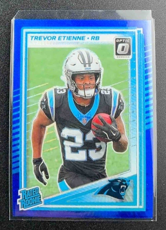 2025 Panini Donruss Optic Trevor Etienne #222 Rated Rookie Blue Hyper Prizm