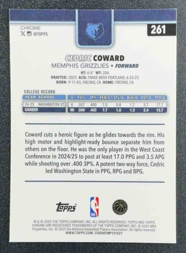 CEDRIC COWARD 2025-26 TOPPS CHROME #261 RC GRIZZLIES