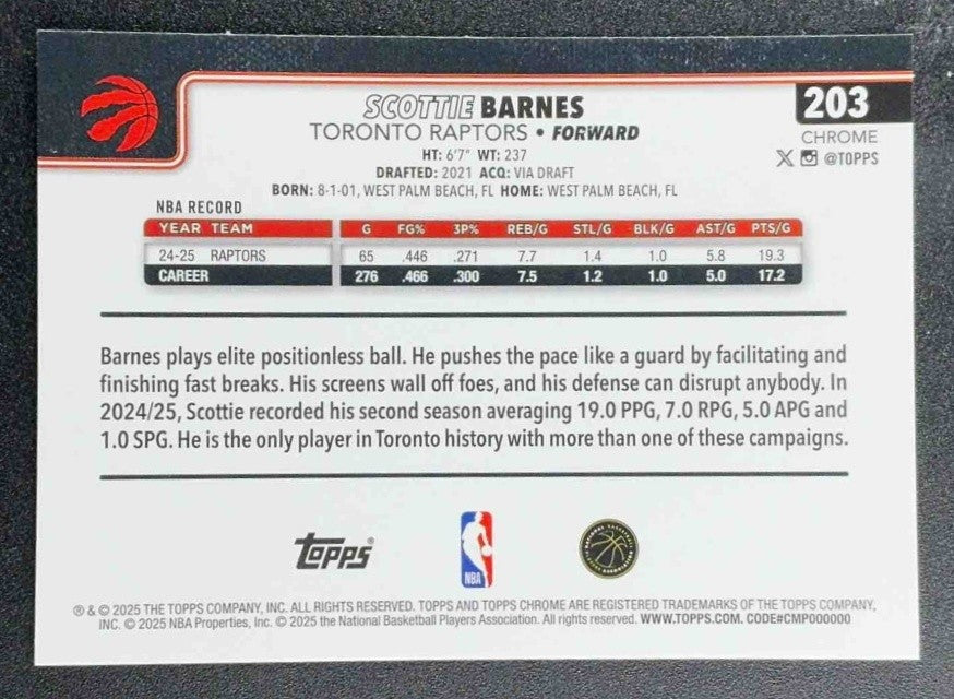 SCOTTIE BARNES 2025-26 TOPPS CHROME #203 BASKETBALL REFRACTOR RAPTORS