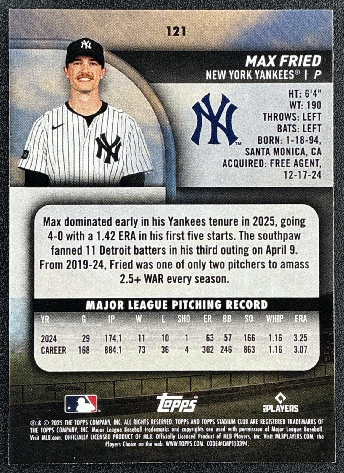 MAX FRIED 2025 TOPPS STADIUM CLUB #121 RED FOIL YANKEES