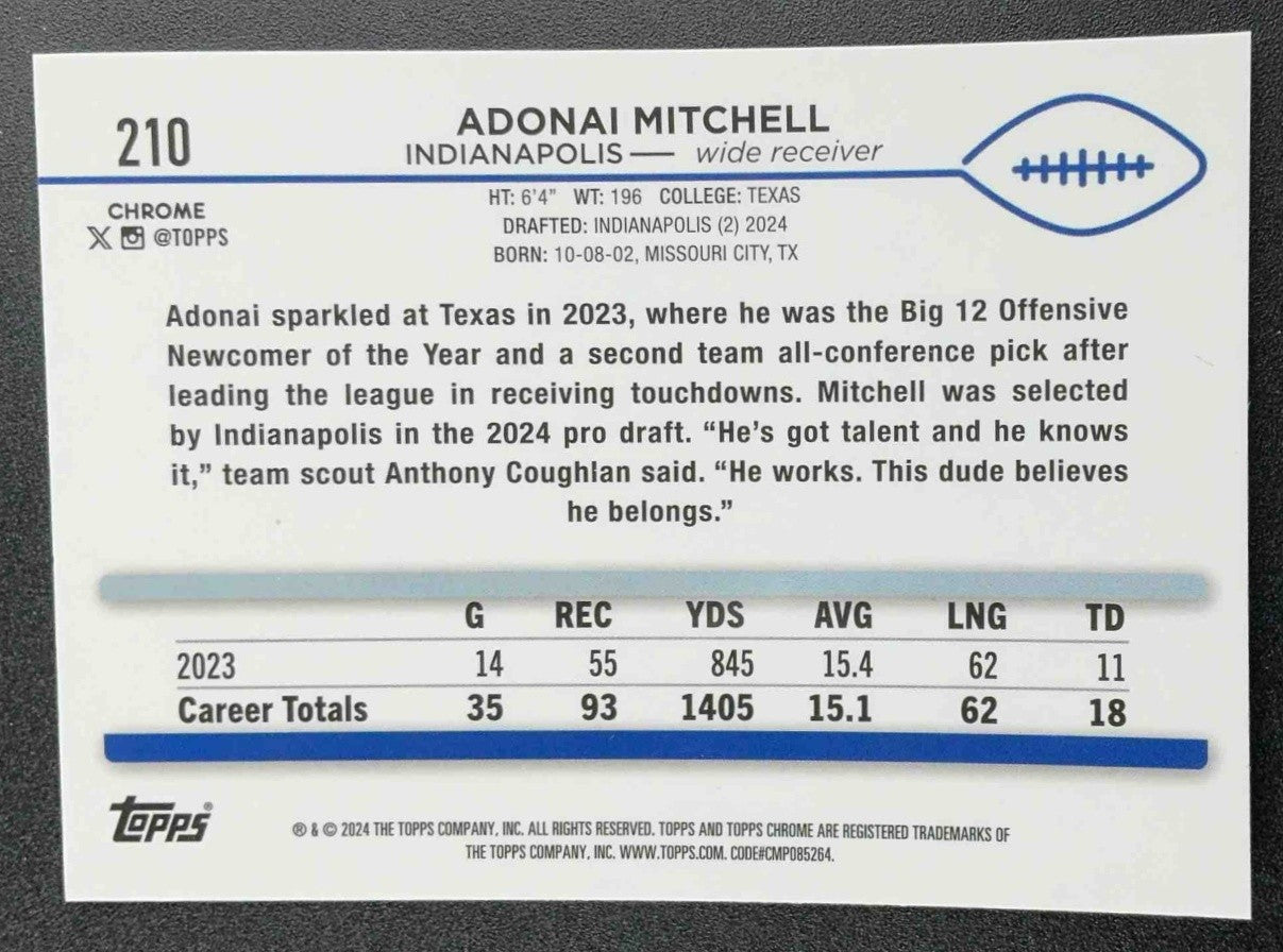 ADONAI MITCHELL 2024 TOPPS CHROME #210 X-FRACTOR RC COLTS