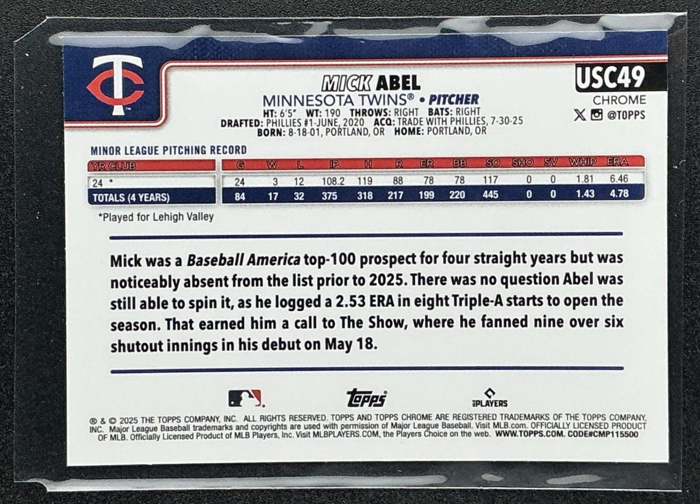 MICK ABEL 2025 TOPPS CHROME UPDATE #USC49 RAYWAVE REFRACTOR RC TWINS
