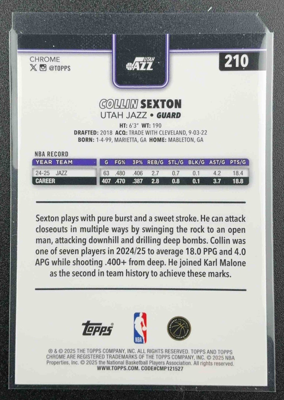 COLLIN SEXTON 2025-26 TOPPS CHROME #210 RAYWAVE YELLOW REFRACTOR 90/275 JAZZ