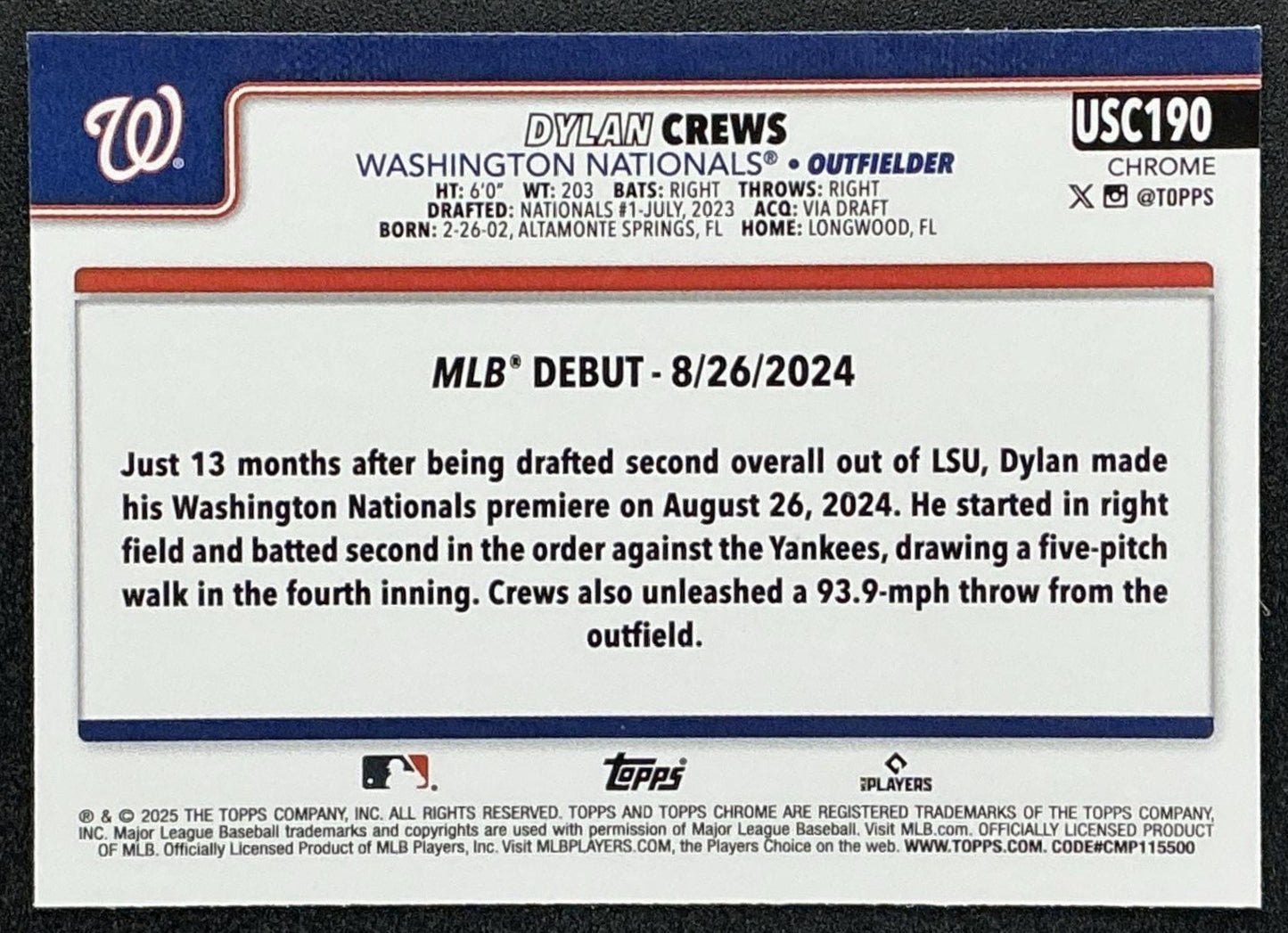 DYLAN CREWS 2025 TOPPS CHROME UPDATE #USC190 RC NATIONALS
