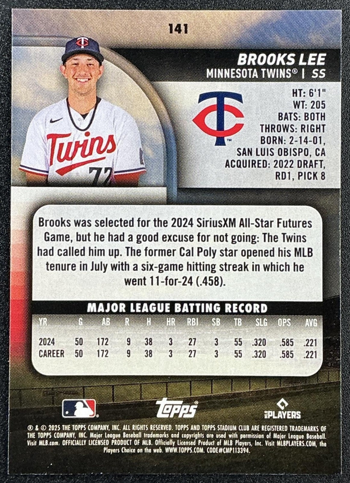 BROOKS LEE 2025 TOPPS STADIUM CLUB #141 RC TWINS