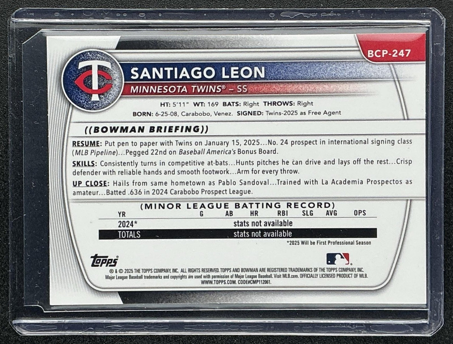 SANTIAGO LEON 2025 BOWMAN CHROME #BCP-247 SHIMMER REFRACTOR 1ST PROSPECT TWINS