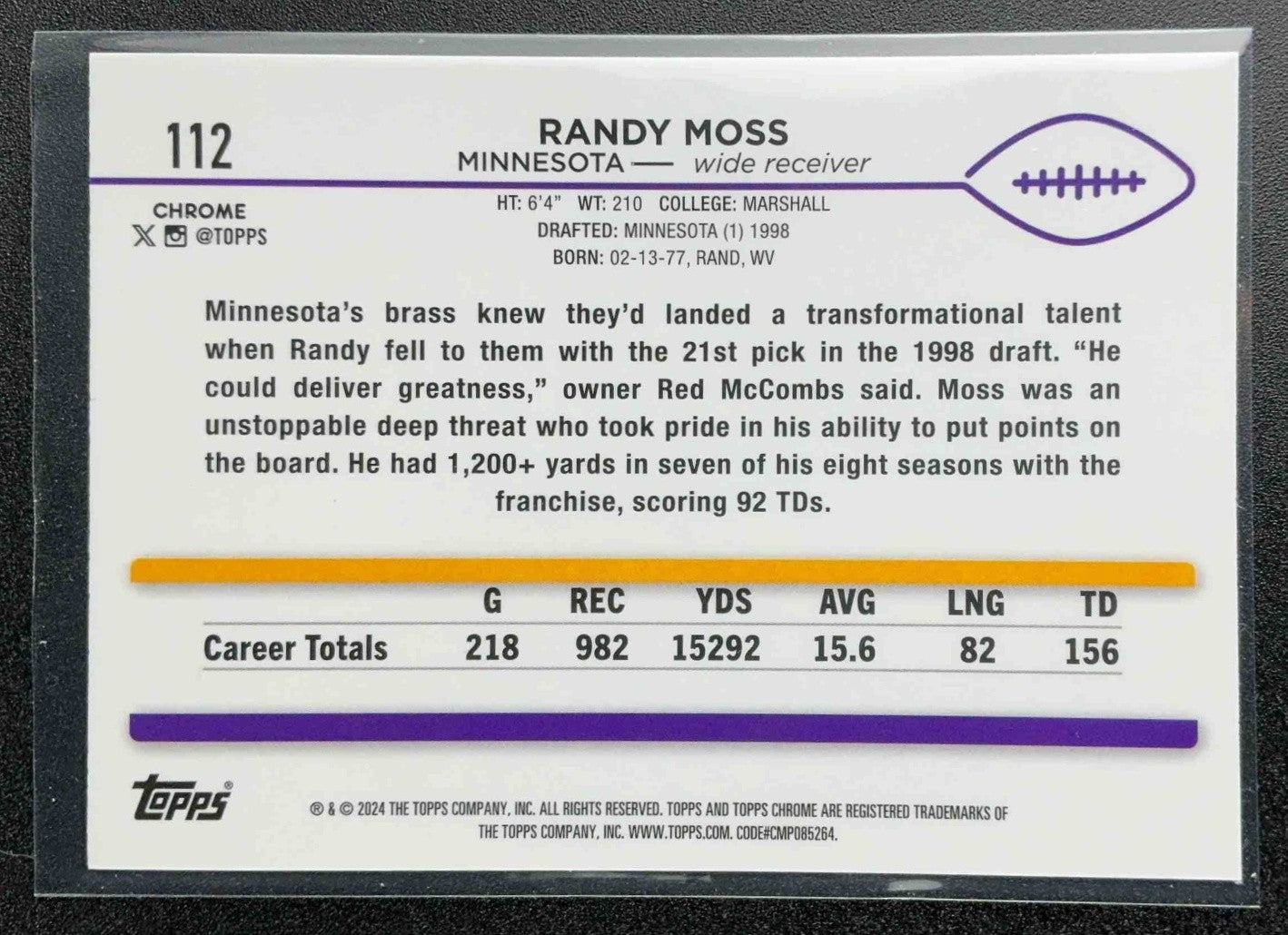 RANDY MOSS 2024 TOPPS CHROME #112 X-FRACTOR VIKINGS