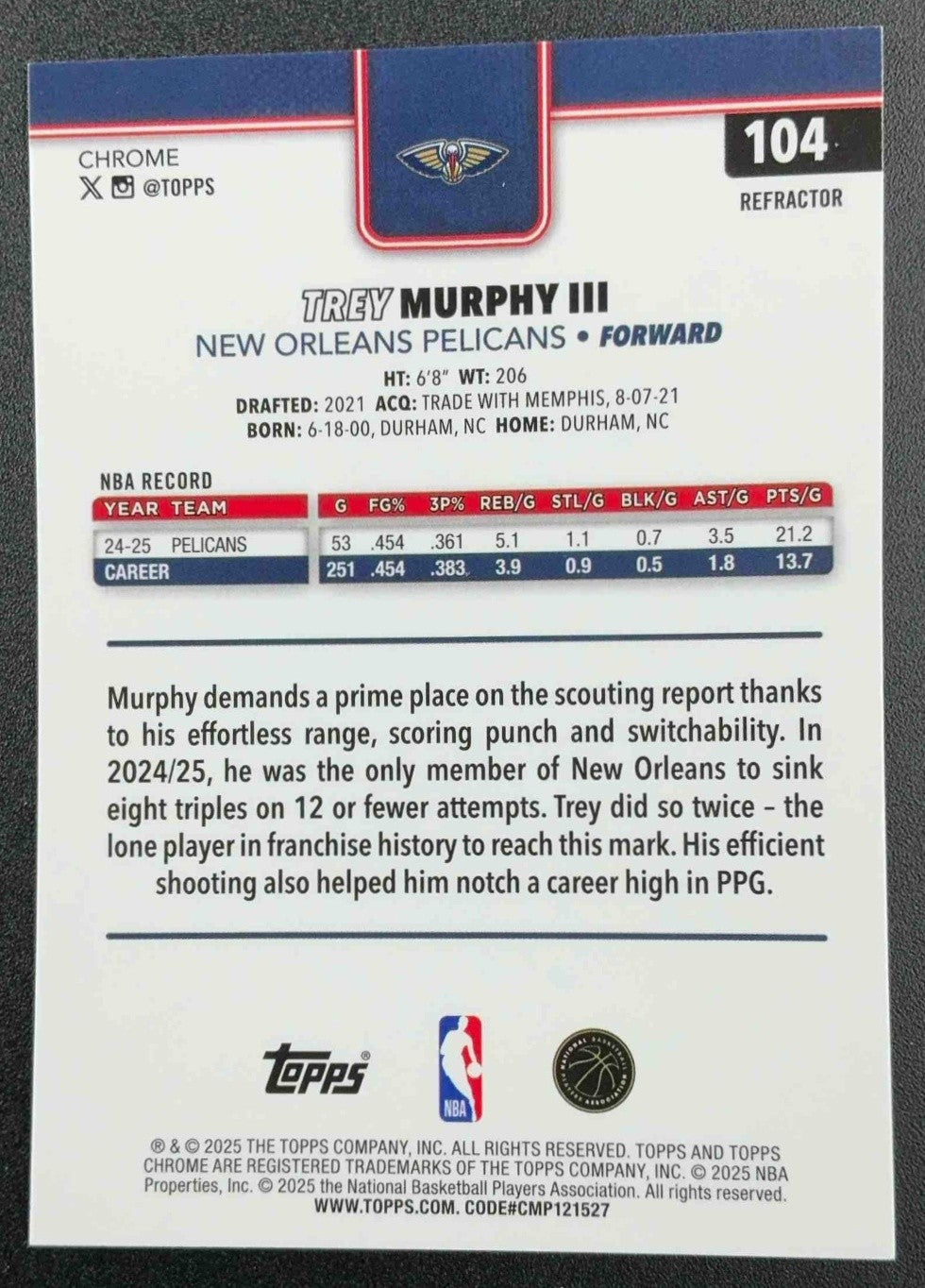 TREY MURPHY III 2025-26 TOPPS CHROME #104 REFRACTOR PELICANS