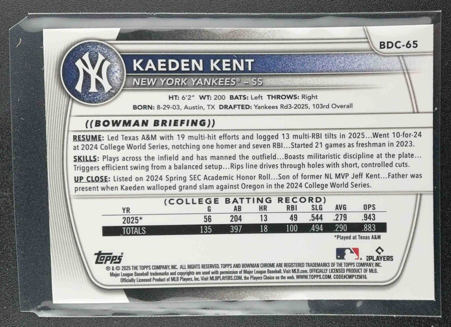 KAEDEN KENT 2025 BOWMAN DRAFT #BDC-65 CHROME MOJO REFRACTOR 1ST PROSPECT YANKEES