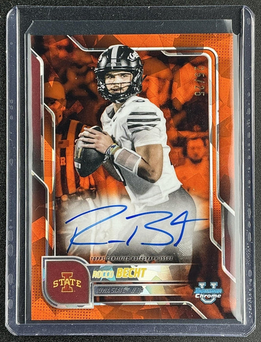 2025 Bowman Chrome University Sapphire Rocco Becht Prospect Auto Orange /25