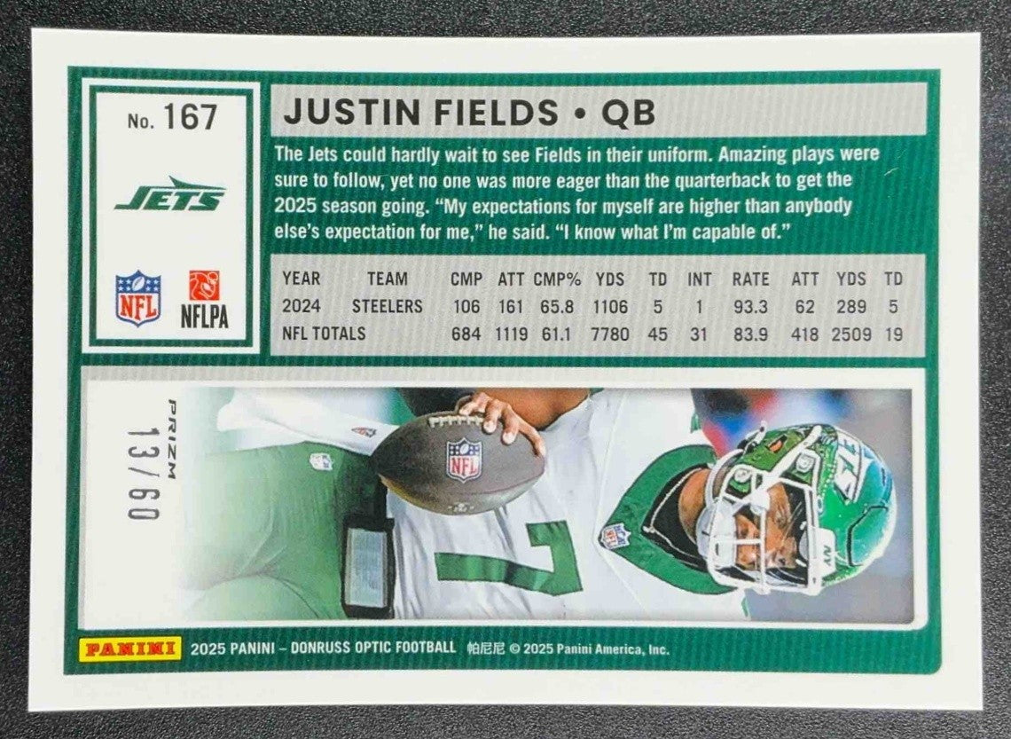 JUSTIN FIELDS 2025 PANINI DONRUSS OPTIC #167 PURPLE PRIZM 13/60 JETS