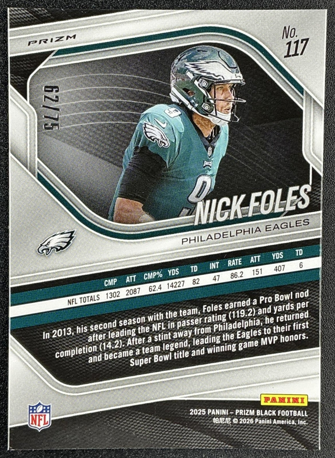 NICK FOLES 2025 PANINI PRIZM BLACK RED POWER EAGLES /75 SB MVP