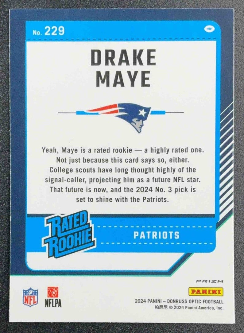 DRAKE MAYE 2024 PANINI DONRUSS OPTIC #229 PURPLE SCOPE RATED ROOKIE PATRIOTS