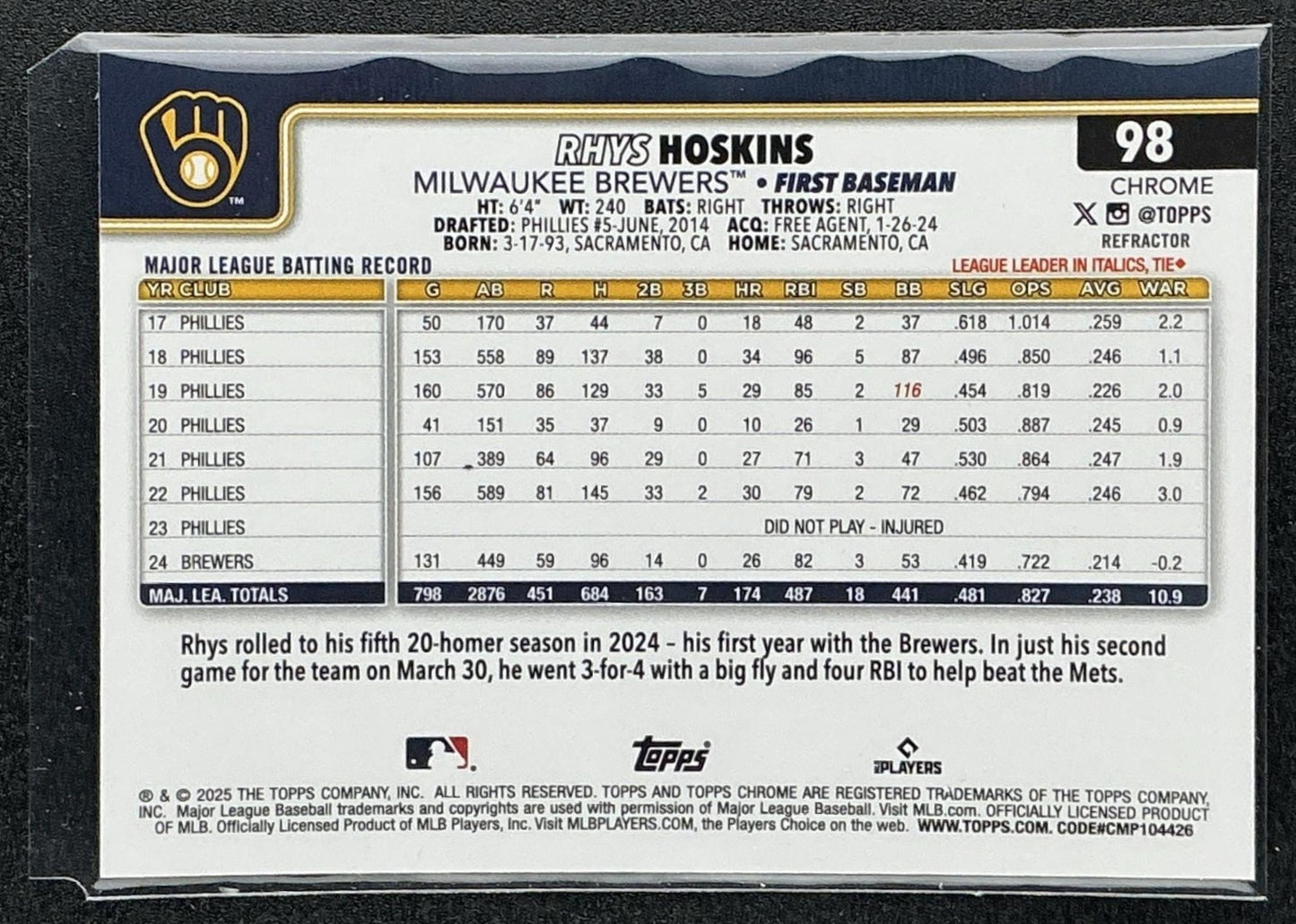 RHYS HOSKINS 2025 TOPPS CHROME #98 REFRACTOR BREWERS