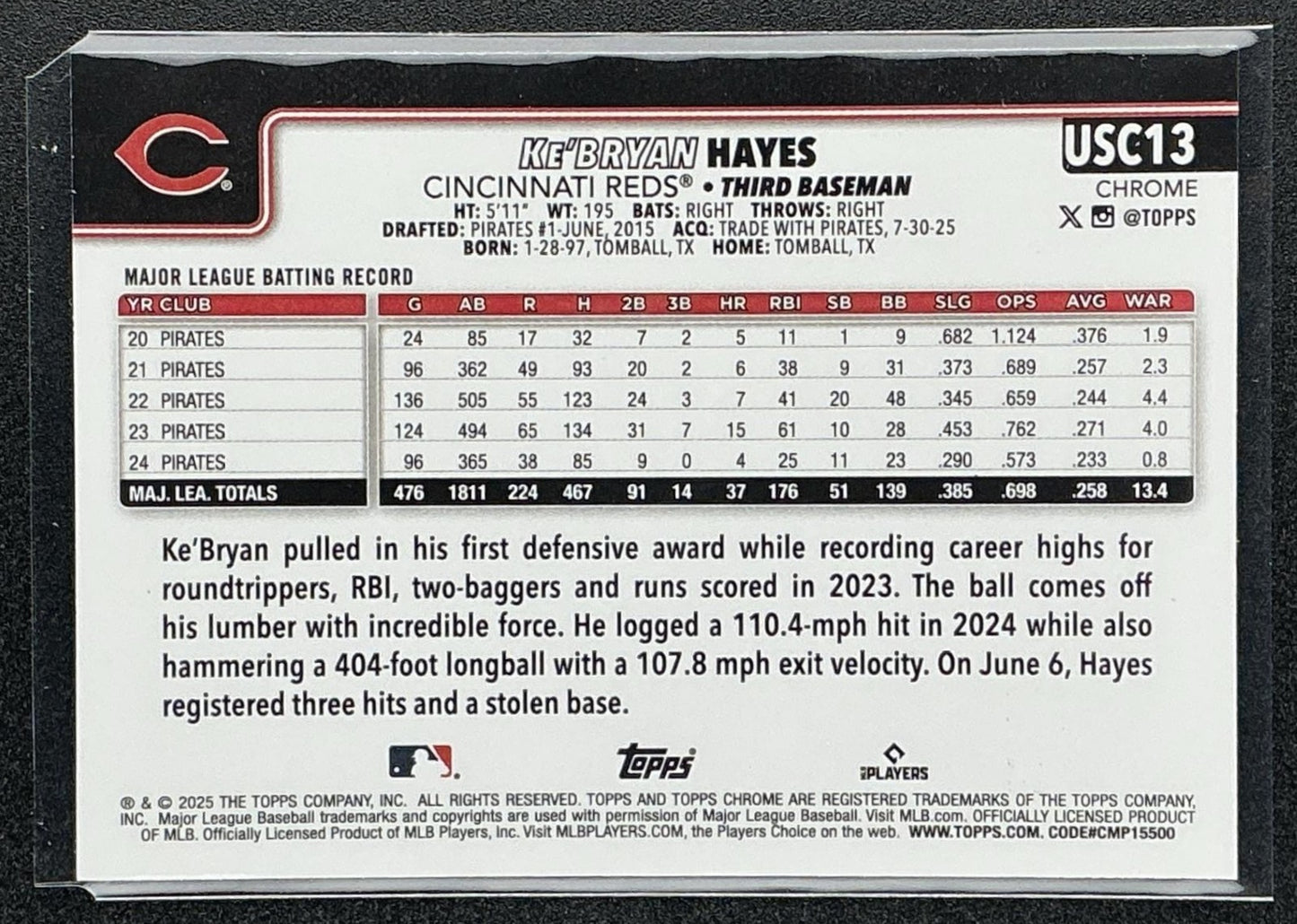 KE'BRYAN HAYES 2025 TOPPS CHROME UPDATE #USC13 TEAL REFRACTOR 227/299 REDS