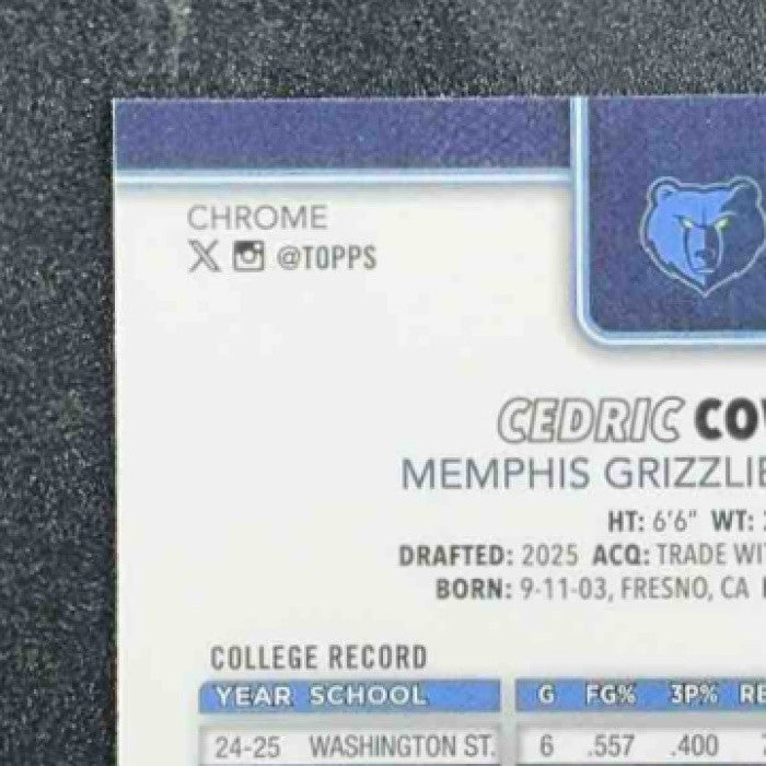 CEDRIC COWARD 2025-26 TOPPS CHROME #261 RC GRIZZLIES