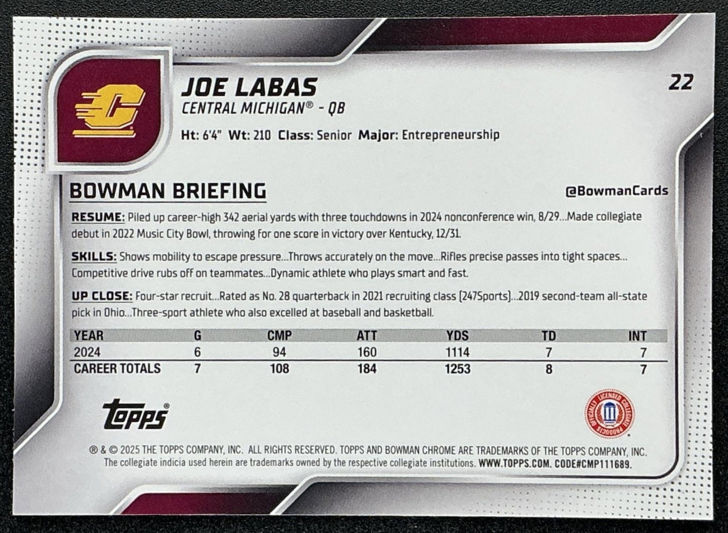 JOE LABAS 2025 BOWMAN CHROME UNIVERSITY SAPPHIRE #22 1ST PROSPECT CHIPPEWAS