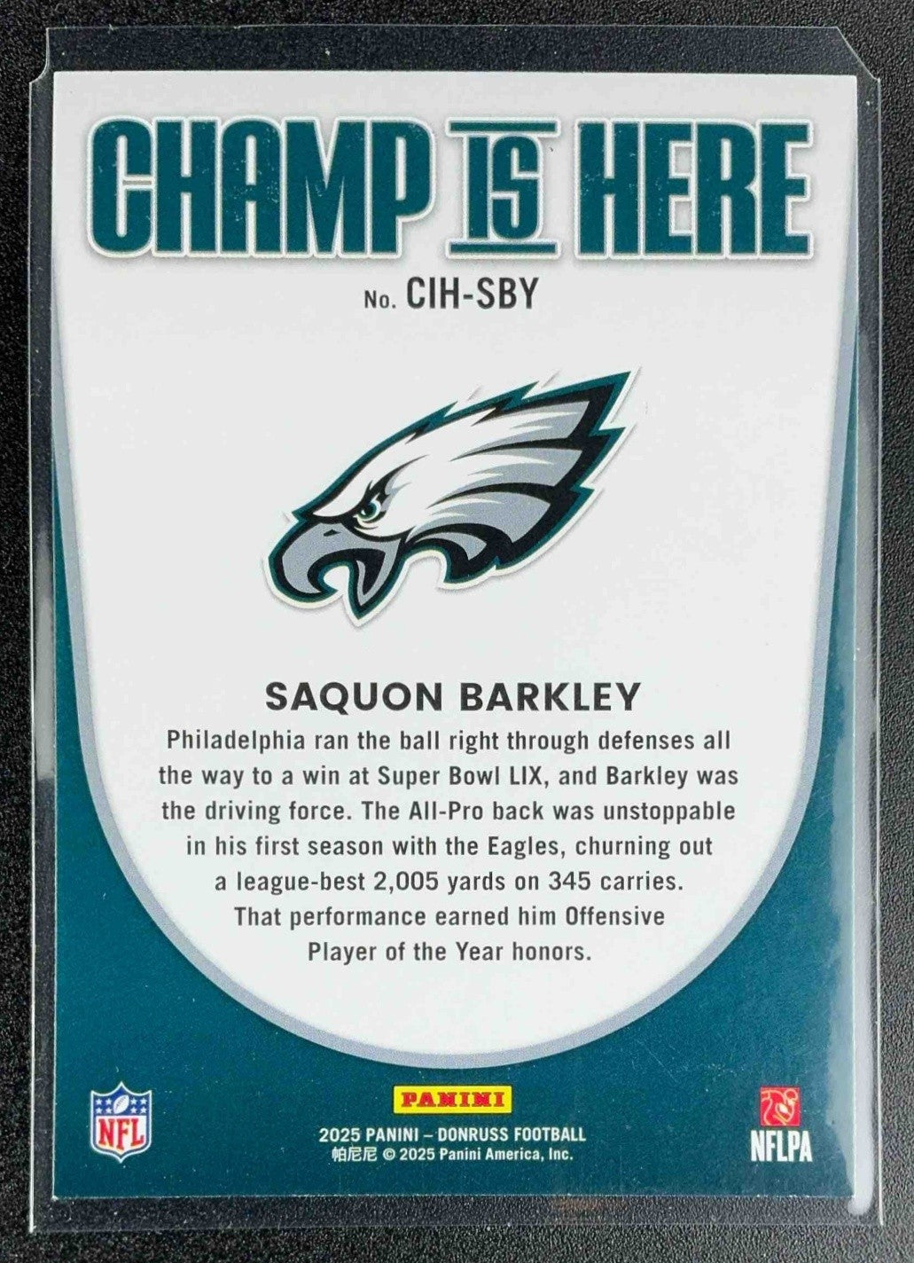 SAQUON BARKLEY 2025 PANINI DONRUSS #CIH-SBY CHAMP IS HERE EAGLES