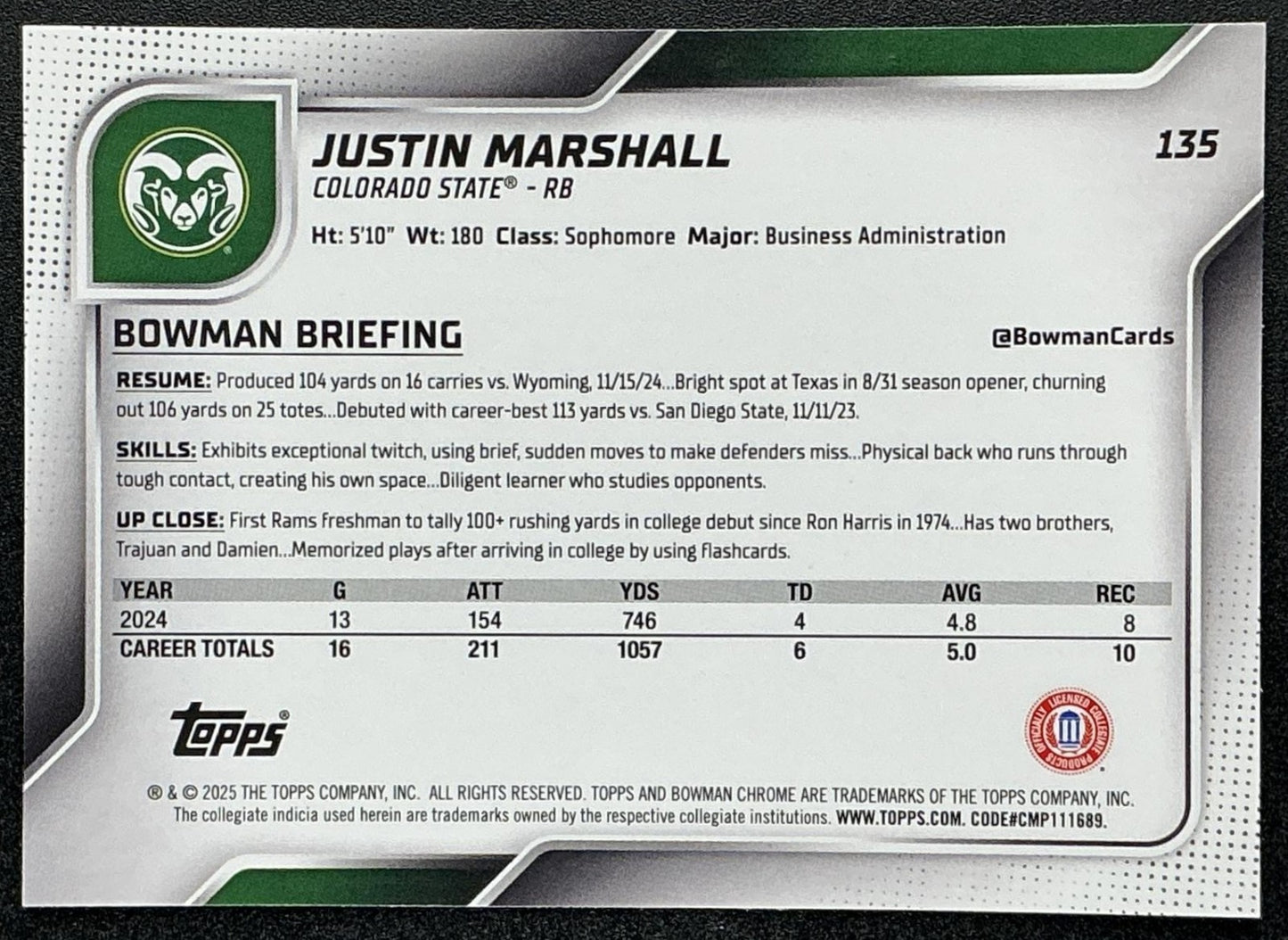 JUSTIN MARSHALL 2025 BOWMAN CHROME UNIVERSITY SAPPHIRE #135 1ST PROSPECT RAMS