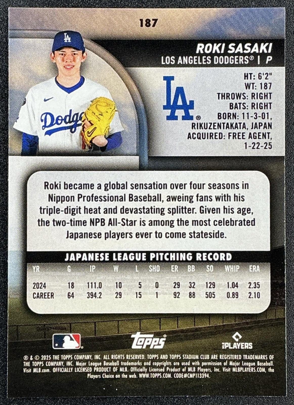 ROKI SASAKI 2025 TOPPS STADIUM CLUB #187 RC DODGERS