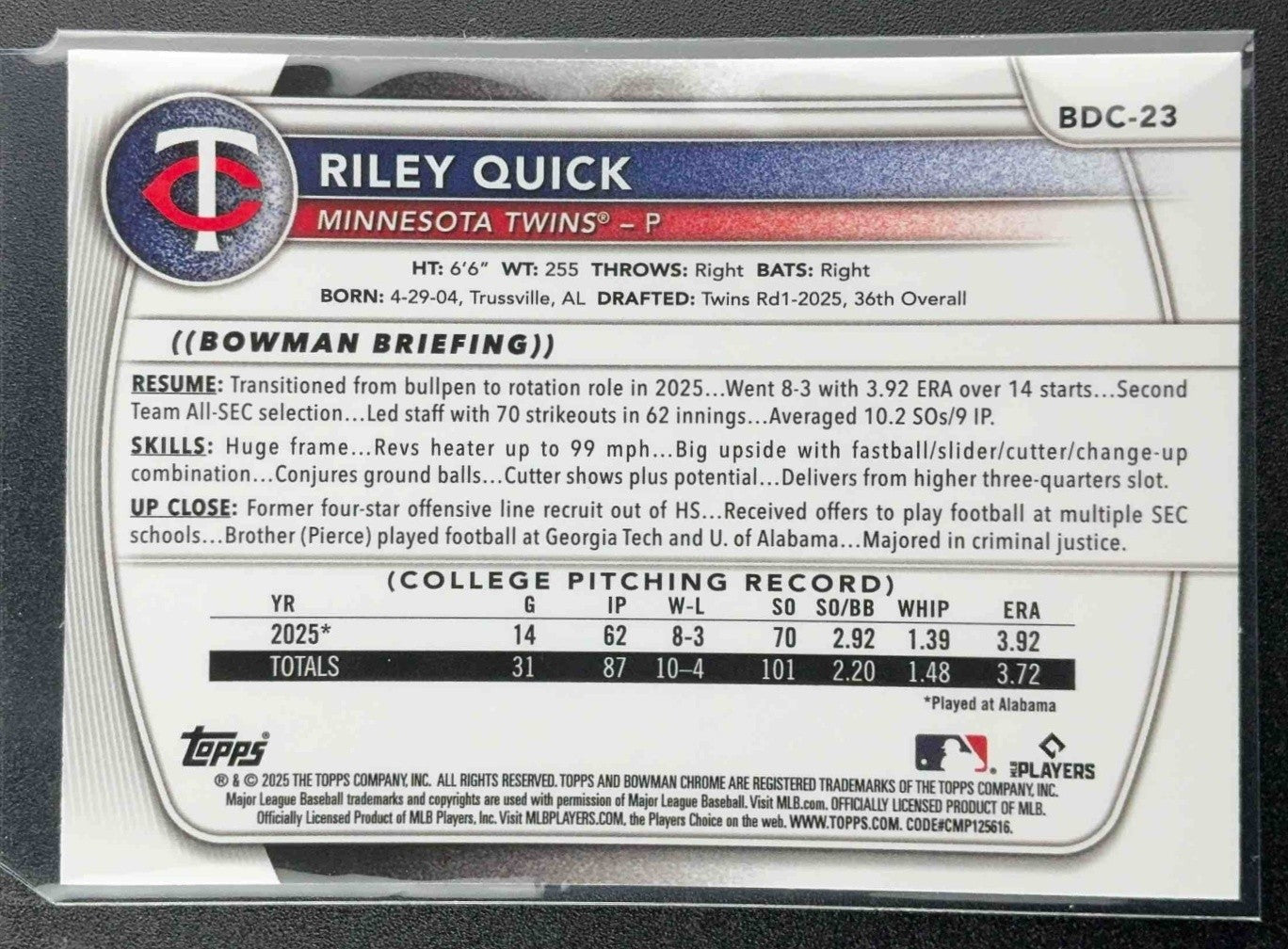 RILEY QUICK 2025 BOWMAN DRAFT #BDC-23 CHROME MOJO REFRACTOR 1ST PROSPECT TWINS