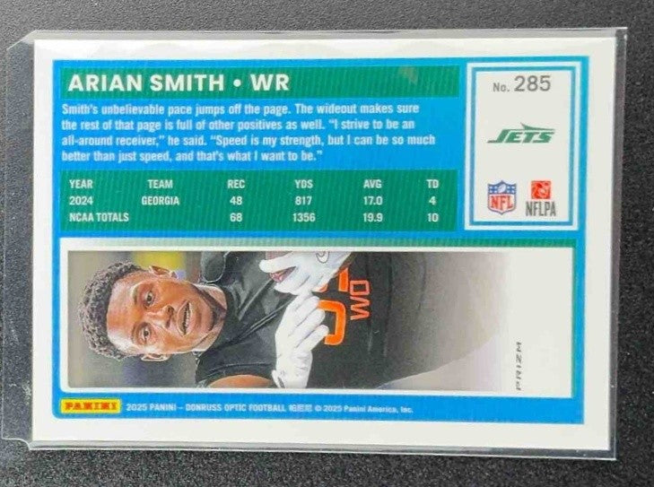 ARIAN SMITH 2025 PANINI DONRUSS OPTIC #285 RATED ROOKIE BLUE HYPER PRIZM JETS