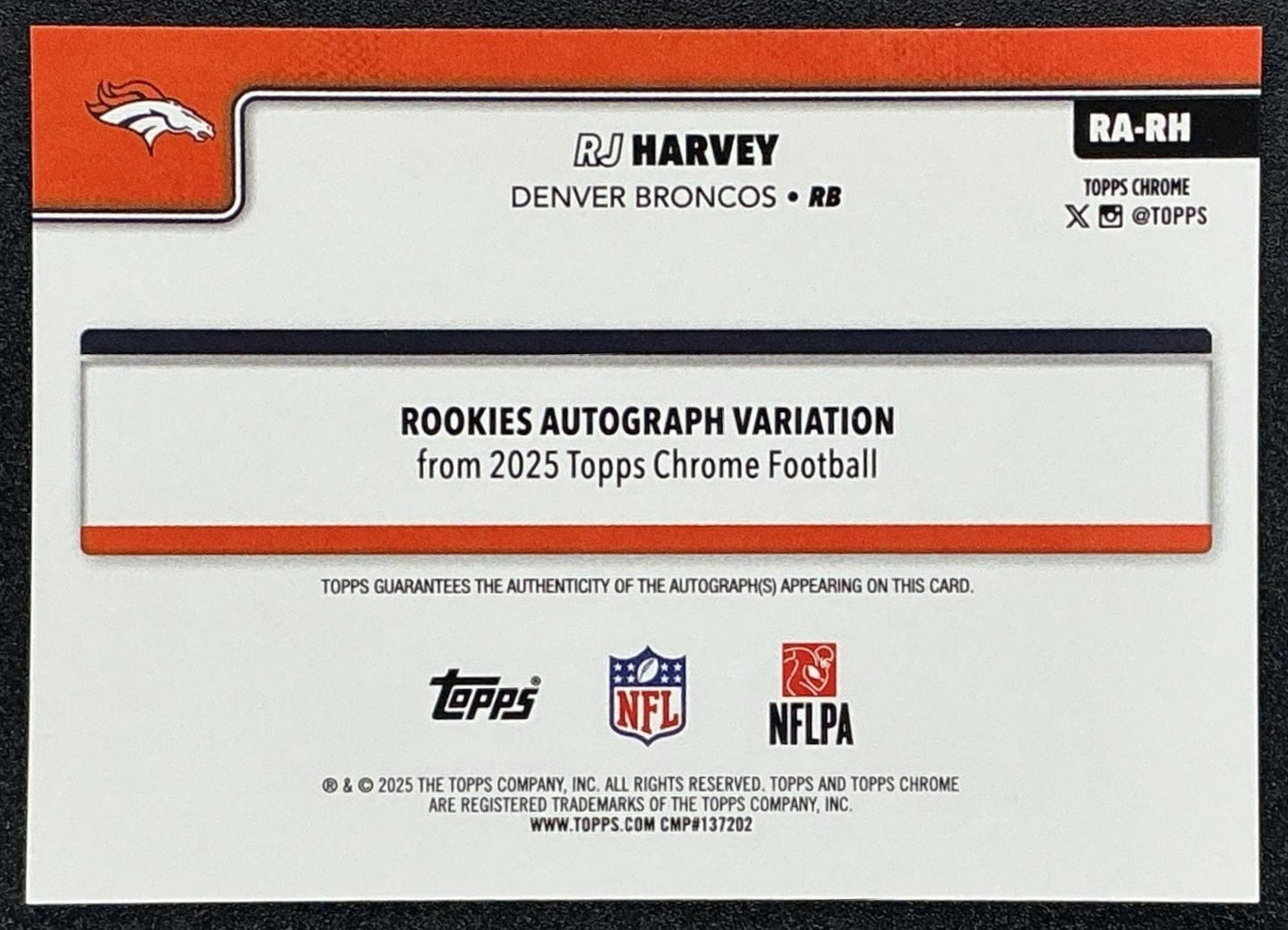 RJ HARVEY 2025 TOPPS CHROME #RA-RH ROOKIE AUTO RC BRONCOS