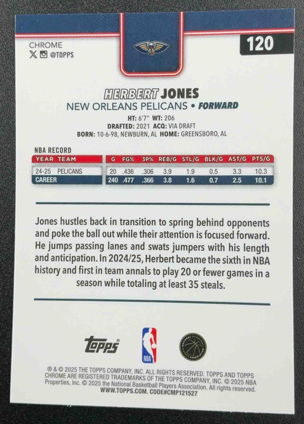HERBERT JONES 2025-26 TOPPS CHROME #120 REFRACTOR PELICANS