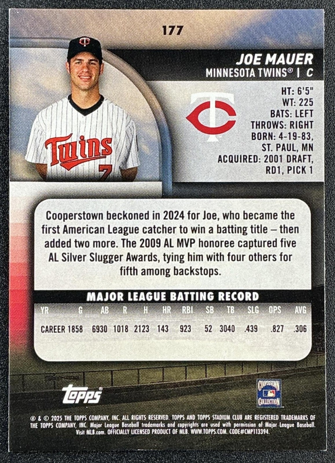 JOE MAUER 2025 TOPPS STADIUM CLUB #177 RED FOIL TWINS