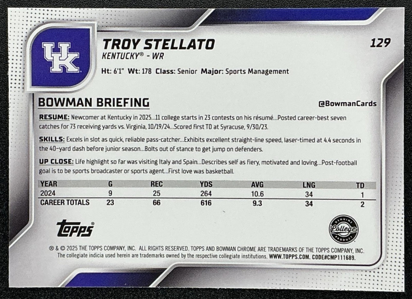 TROY STELLATO 2025 BOWMAN CHROME UNIVERSITY SAPPHIRE #129 1ST PROSPECT WILDCATS