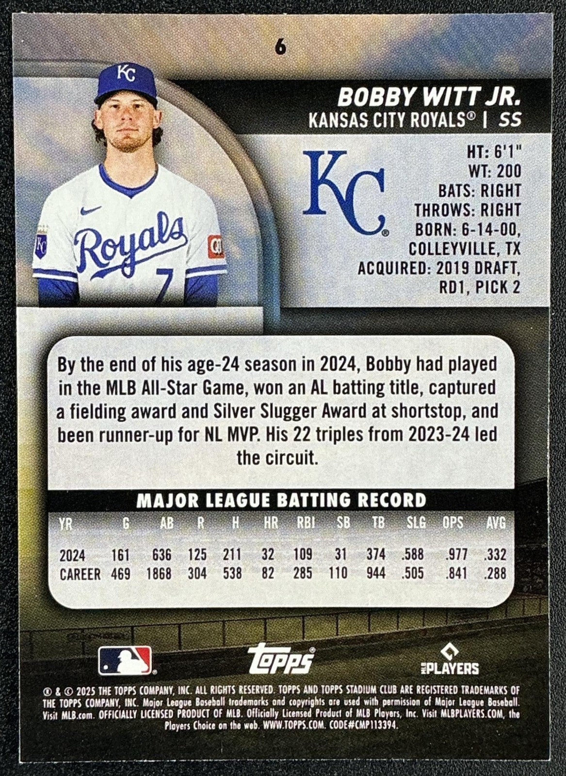 BOBBY WITT JR. 2025 TOPPS STADIUM CLUB #6 ROYALS