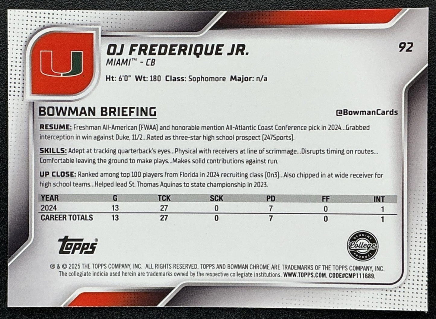 2025 Bowman Chrome University Sapphire OJ Frederique Jr. #92 1st Prospect