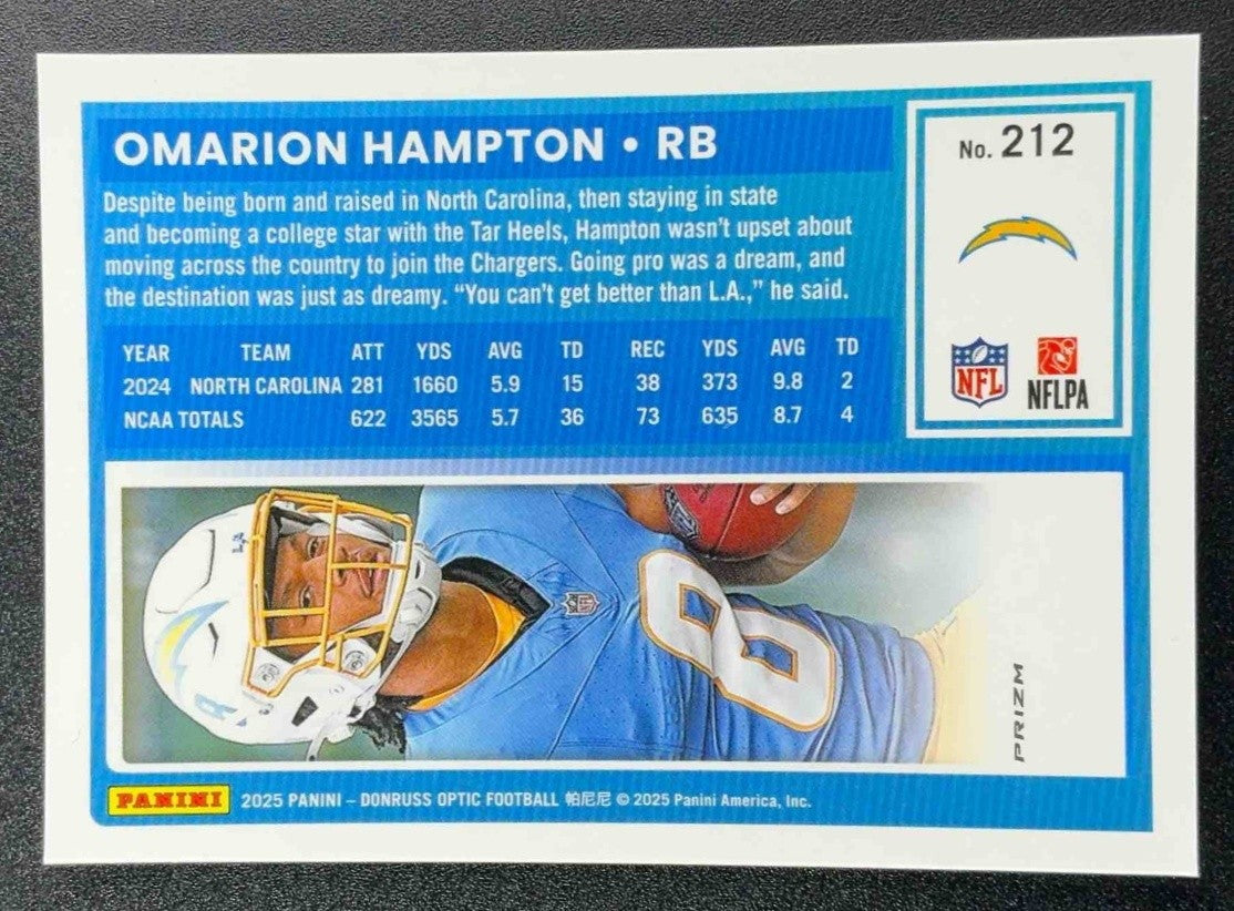 2025 Panini Donruss Optic Omarion Hampton #212 Rated Rookie Blue Hyper Prizm
