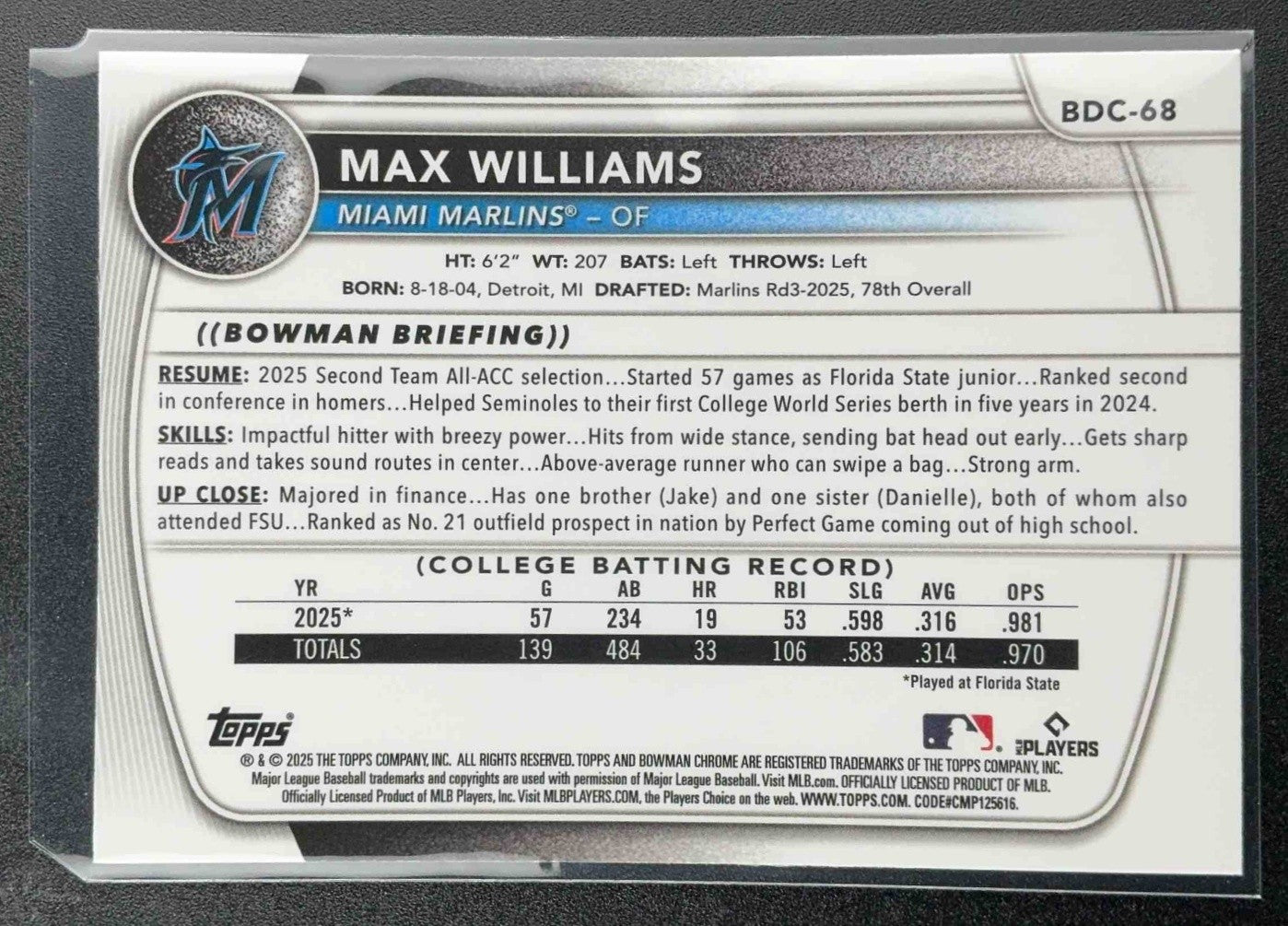 2025 Bowman Draft Max Williams #BDC-68 Chrome Mojo Refractor 1st Prospect