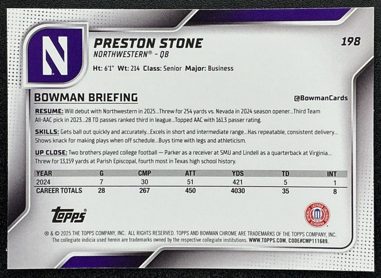 PRESTON STONE 2025 BOWMAN CHROME UNIVERSITY SAPPHIRE #198 1ST PROSPECT WILDCATS