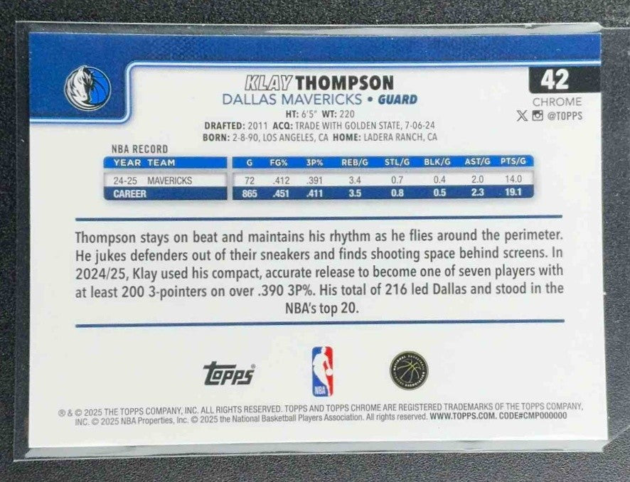 KLAY THOMPSON 2025-26 TOPPS CHROME #42 X-FRACTOR MAVERICKS