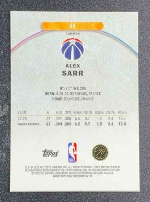 ALEX SARR 2025-26 TOPPS FINEST #59 COMMON BLUE REFRACTOR 62/200 WIZARDS