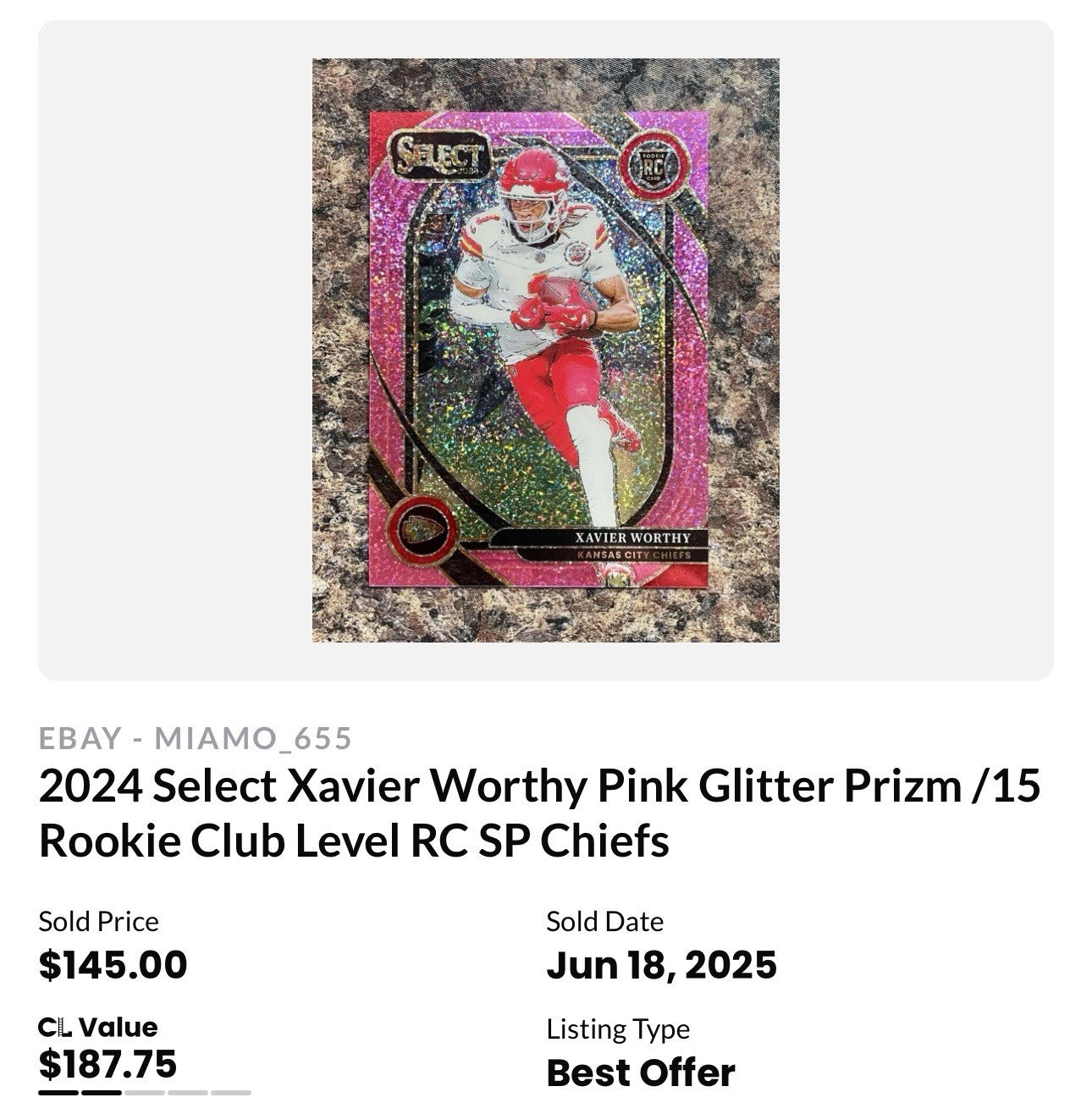 Xavier Worthy 2024 Select Club Pink Glitter Prizm RC SSP Case Hit PSA 8.5 Chiefs