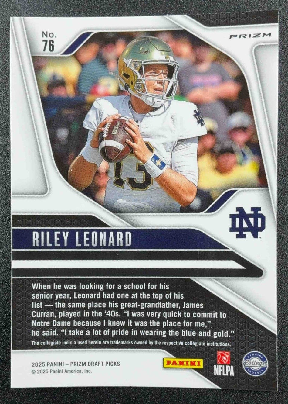 RILEY LEONARD 2025 PANINI PRIZM DRAFT PICKS #76 RED ICE RC FIGHTING IRISH