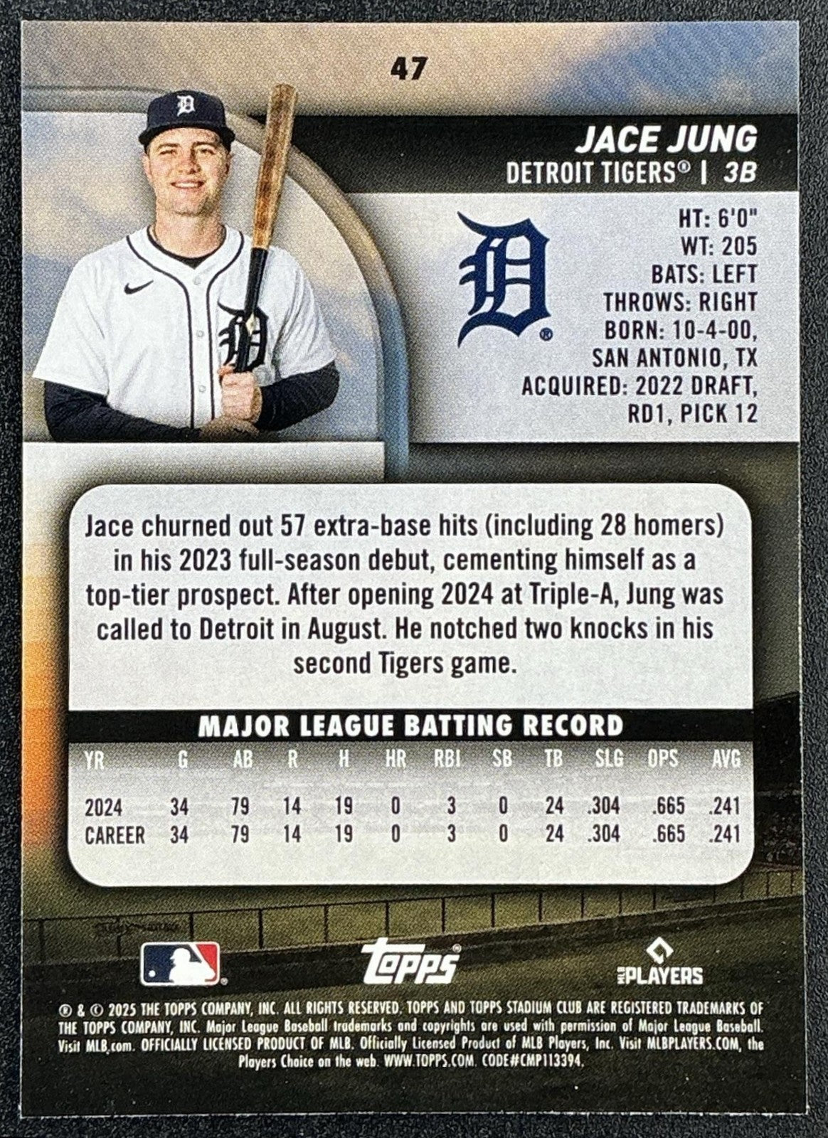 JACE JUNG 2025 TOPPS STADIUM CLUB #47 RC TIGERS