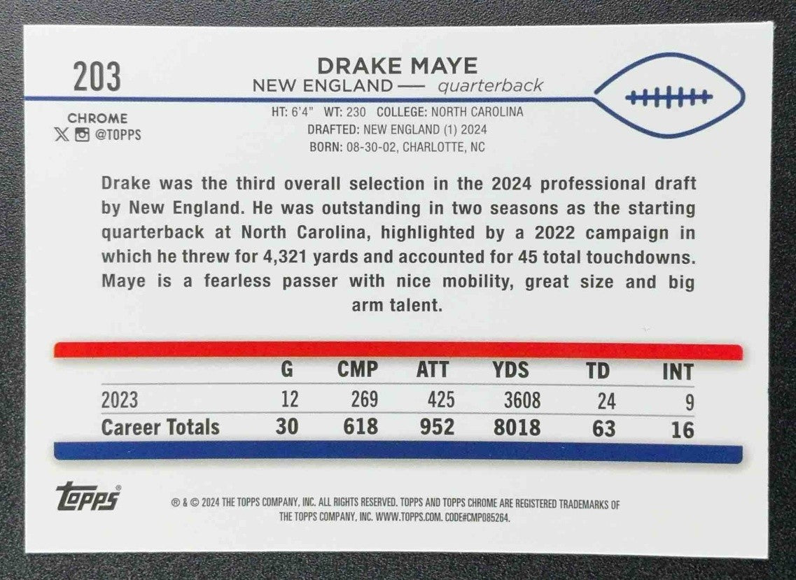DRAKE MAYE 2024 TOPPS CHROME #203 NEGATIVE REFRACTOR RC PATRIOTS