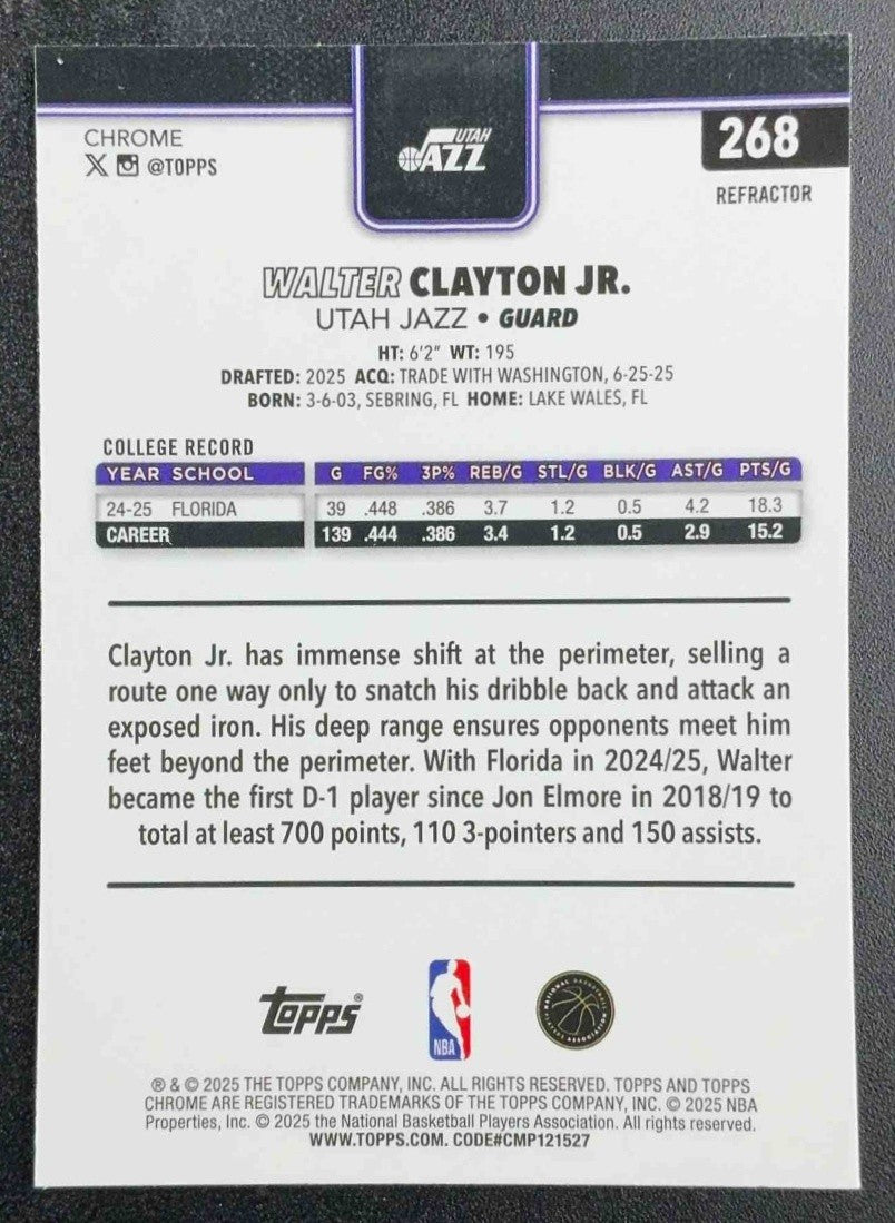 WALTER CLAYTON JR. 2025-26 TOPPS CHROME #268 REFRACTOR RC JAZZ