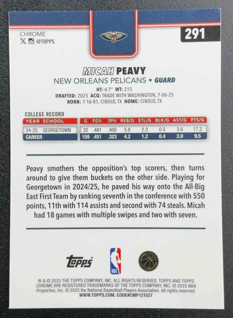 MICAH PEAVY 2025-26 TOPPS CHROME #291 RAYWAVE REFRACTOR RC PELICANS
