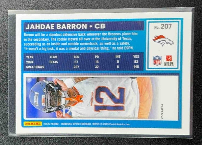 2025 Panini Donruss Optic Jahdae Barron #207 Rated Rookie Blue Hyper Prizm