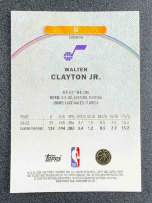 WALTER CLAYTON JR. 2025-26 TOPPS FINEST #18 COMMON RC JAZZ