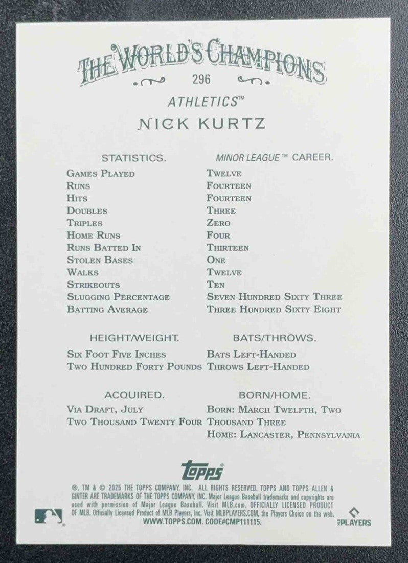 NICK KURTZ 2025 TOPPS ALLEN & GINTER #296 SILVER PORTRAIT RC ATHLETICS