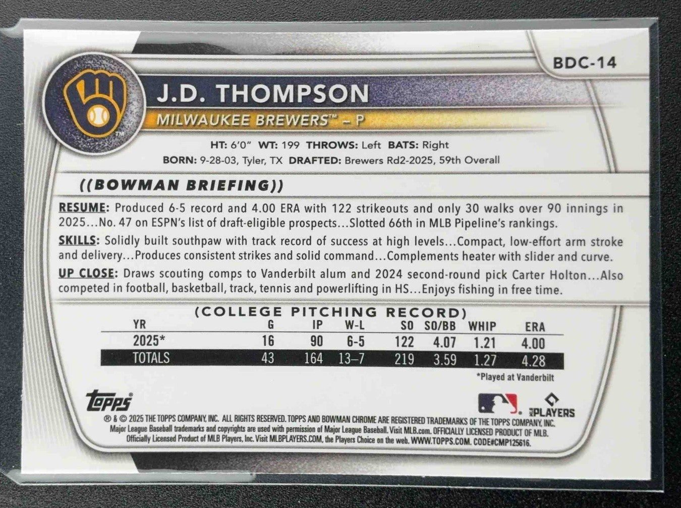 2025 Bowman Draft J.D. Thompson #BDC-14 Chrome Mojo Refractor 1st Prospect